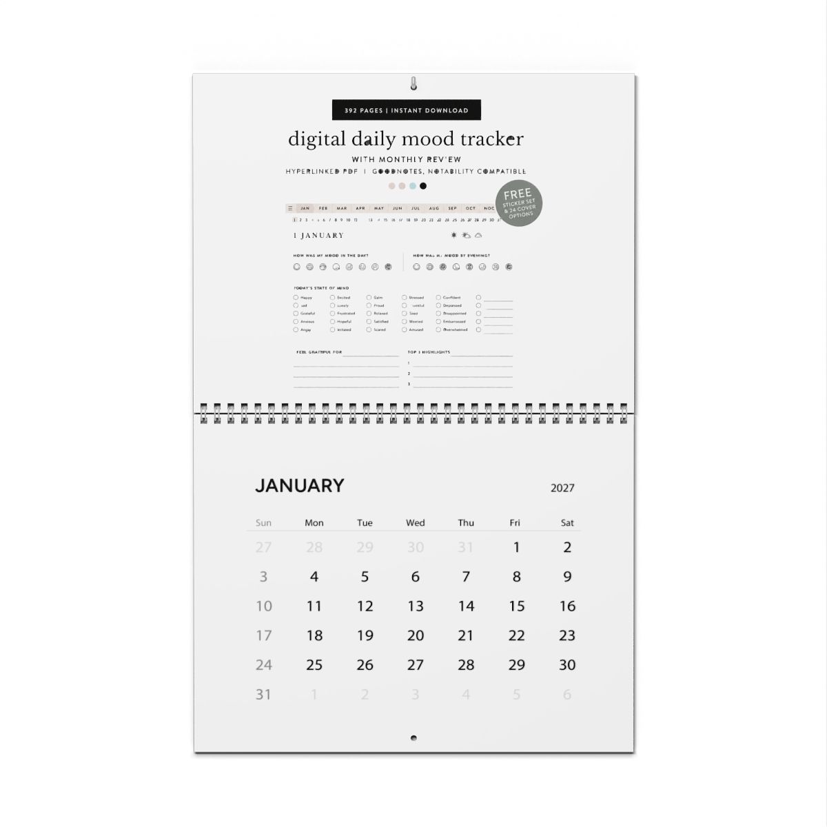 A digital daily mood tracker with a calendar, mood rating scales, and a section for gratitude and highlights. The tracker is compatible with Goodnotes and Notability apps. It includes a free sticker...