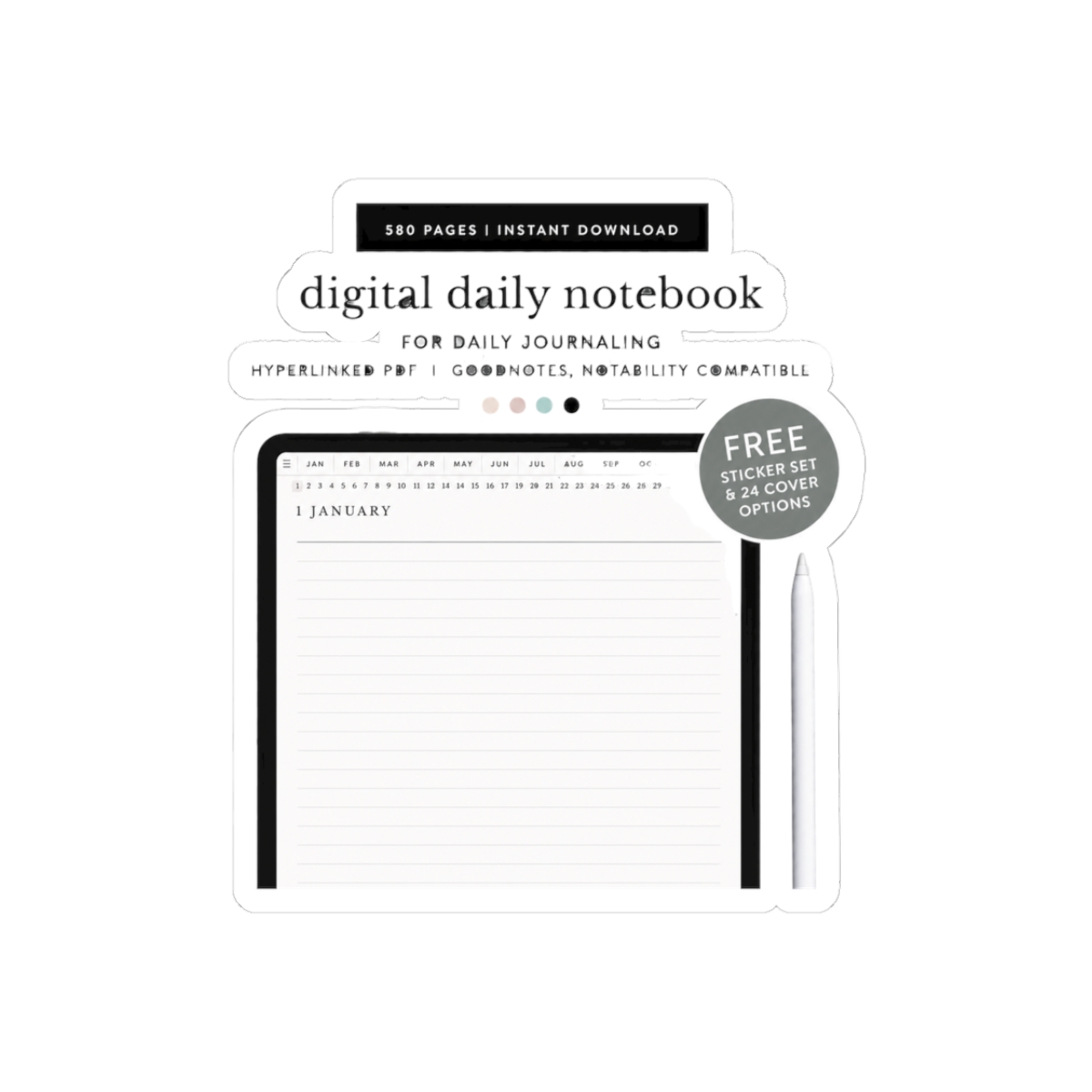 A digital daily with a calendar view and lined pages for journaling. The is Sticker