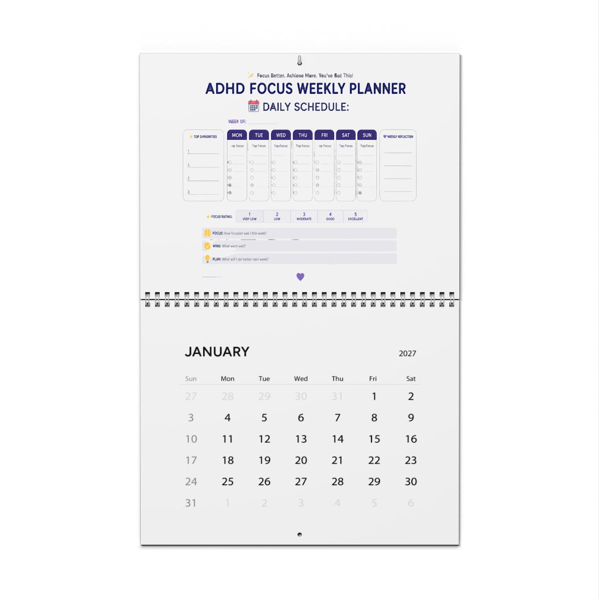 A tablet showing an ADHD Focus Weekly Planner with a daily schedule layout. The screen displays a weekly calendar with sections for each day, plus a rating scale. A white stylus, keyboard, mouse, and...
