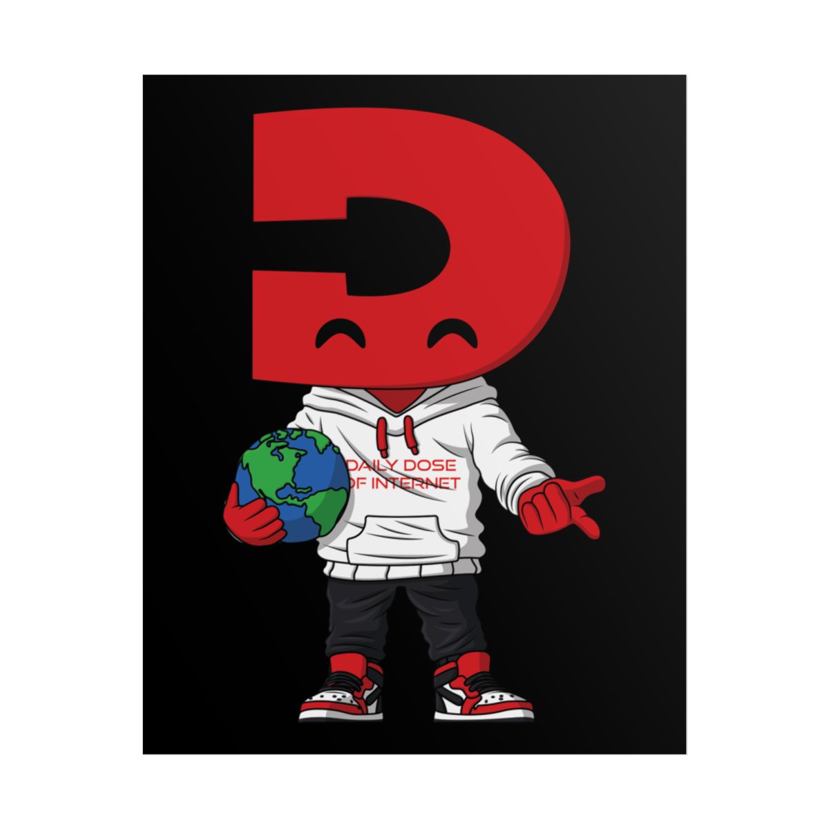 Red D Character Holding Earth Rolled Poster | Cartoon Logo Art Print | Daily Dose of Internet — official Daily Dose of Internet Posters & Wall Art