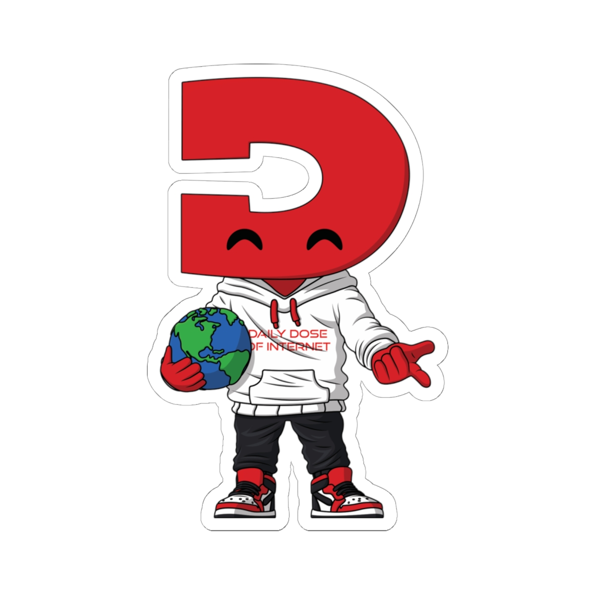 Red 'D' Character Holding Globe sticker | Kiss-Cut Stickers | Daily Dose of Internet - Daily Dose of Internet official Stickers merch